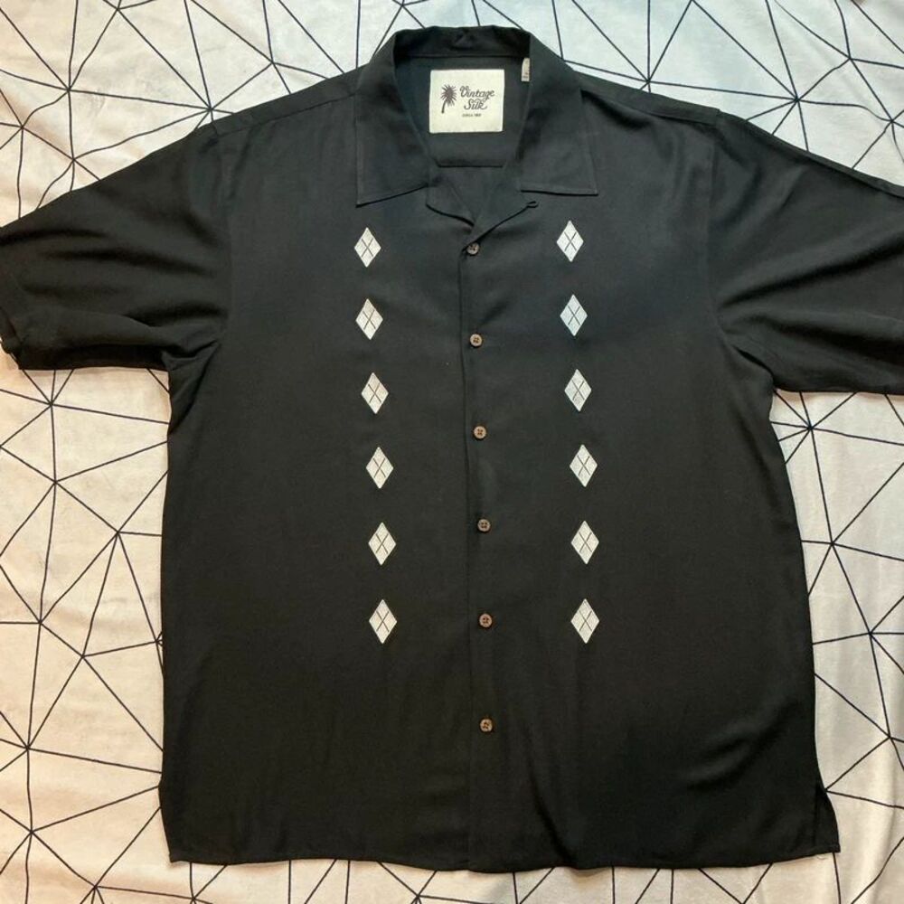 Vintage Silk Black Embroidered Diamond Camp Shirt L